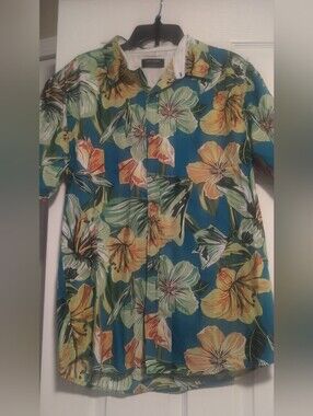Ocean Current Teal Floral Hibiscus Tropical Hawaiian Short Sleeve Shirt